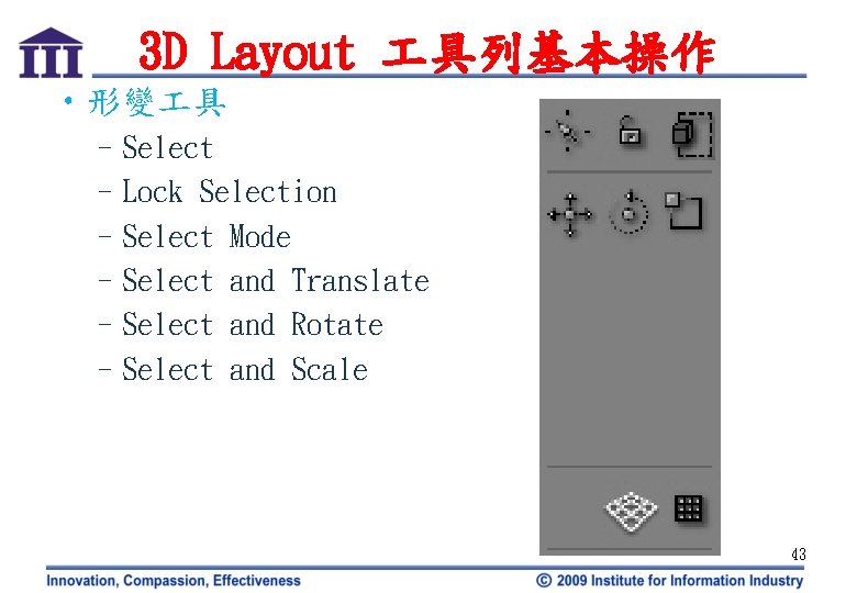 3 D Layout 具列基本操作 • 形變 具 –Select –Lock Selection –Select Mode –Select and