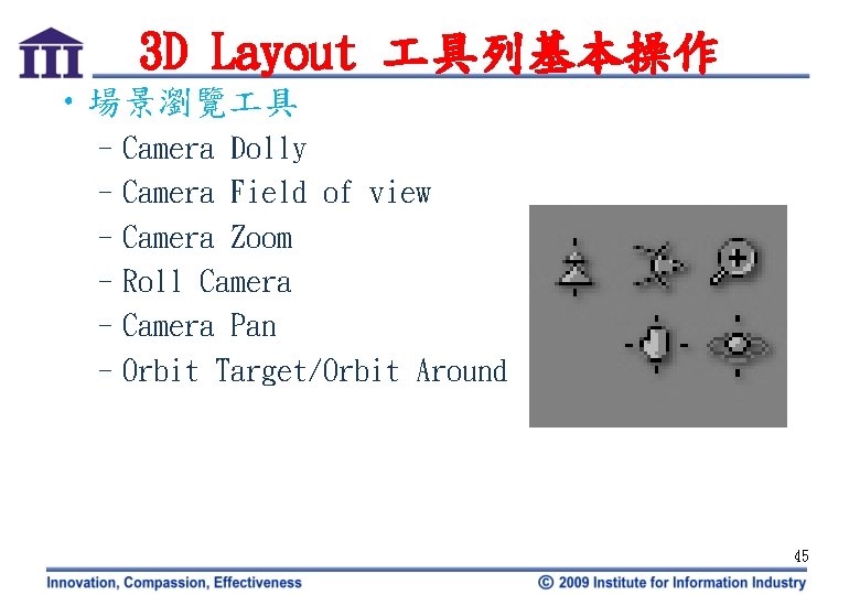 3 D Layout 具列基本操作 • 場景瀏覽 具 –Camera Dolly –Camera Field of view –Camera