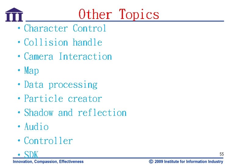 Other Topics • Character Control • Collision handle • Camera Interaction • Map •