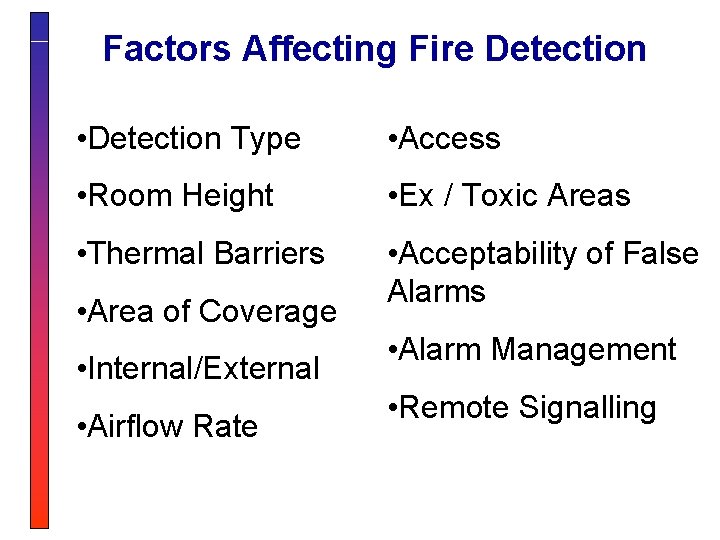 Factors Affecting Fire Detection • Detection Type • Access • Room Height • Ex