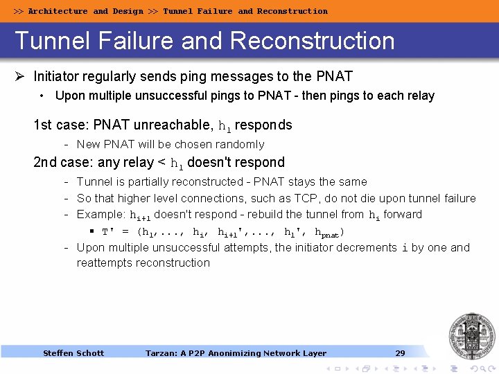 >> Architecture and Design >> Tunnel Failure and Reconstruction Ø Initiator regularly sends ping >> Architecture and Design >> Tunnel Failure and Reconstruction Ø Initiator regularly sends ping