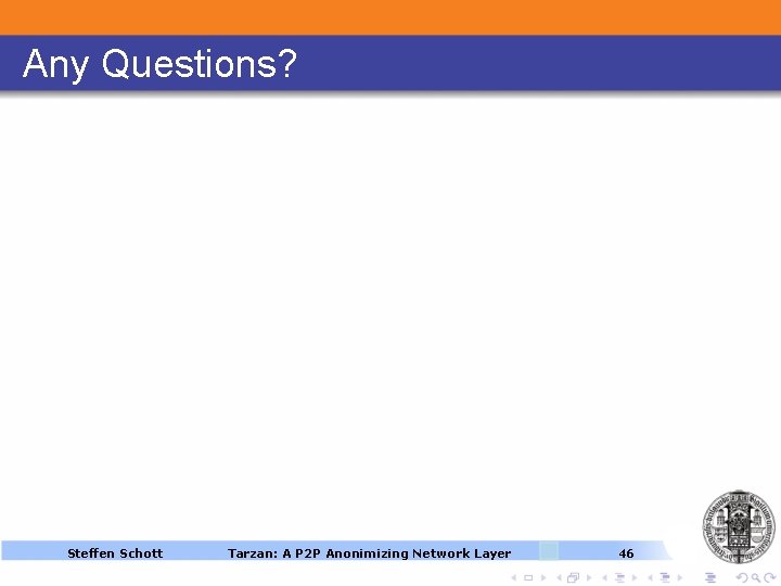 Any Questions? Steffen Schott Tarzan: A P 2 P Anonimizing Network Layer 46 Any Questions? Steffen Schott Tarzan: A P 2 P Anonimizing Network Layer 46
