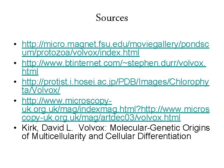 Sources • http: //micro. magnet. fsu. edu/moviegallery/pondsc um/protozoa/volvox/index. html • http: //www. btinternet. com/~stephen.