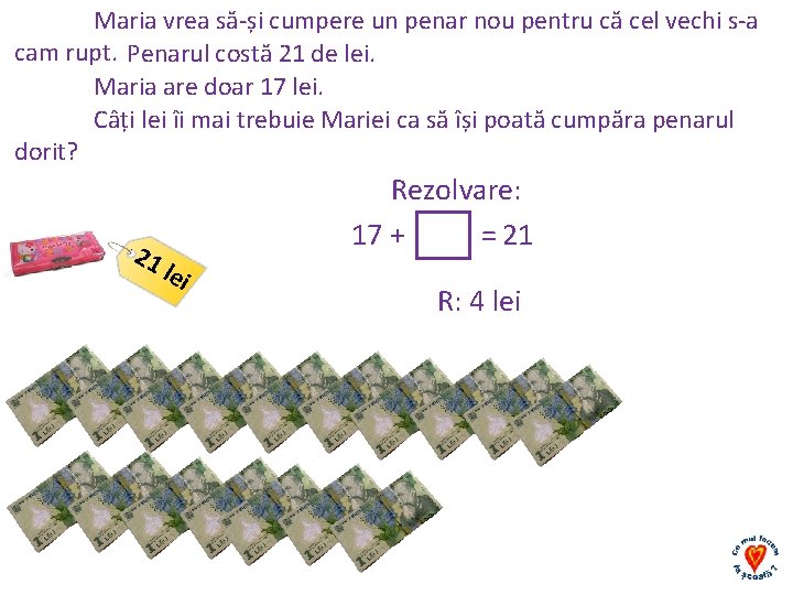 Maria vrea să-și cumpere un penar nou pentru că cel vechi s-a cam rupt.