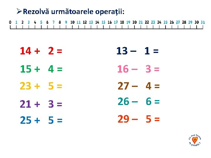 ØRezolvă următoarele operații: 14 + 2 = 13 – 1 = 15 + 4
