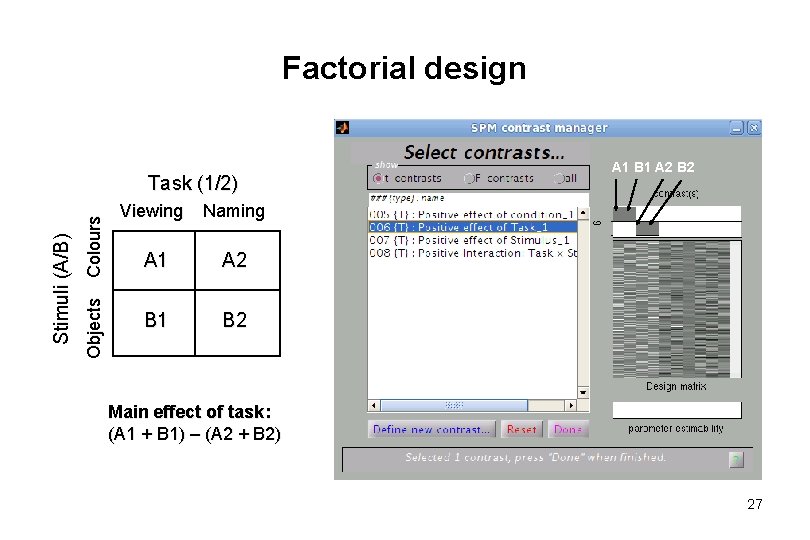 Factorial design Objects Colours Stimuli (A/B) Task (1/2) A 1 B 1 A 2