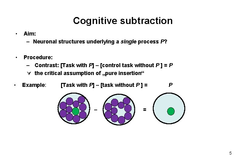 Cognitive subtraction • Aim: – Neuronal structures underlying a single process P? • Procedure: