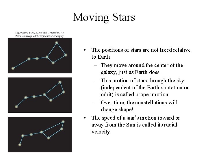 Moving Stars • The positions of stars are not fixed relative to Earth –