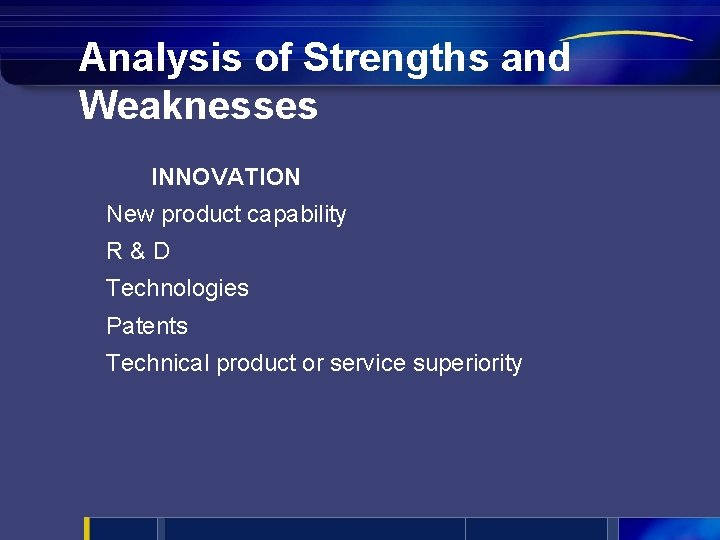 Analysis of Strengths and Weaknesses INNOVATION New product capability R&D Technologies Patents Technical product