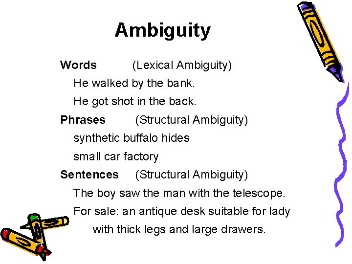 Ambiguity Words (Lexical Ambiguity) He walked by the bank. He got shot in the