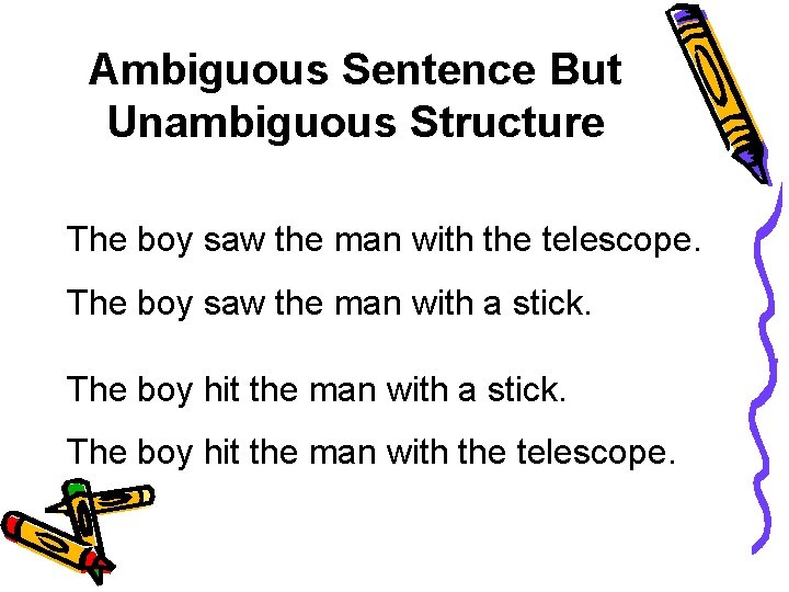 Ambiguous Sentence But Unambiguous Structure The boy saw the man with the telescope. The