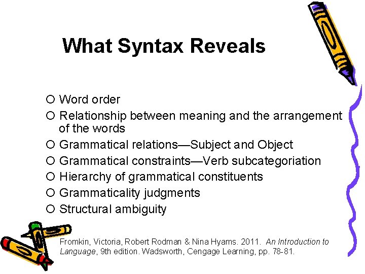 What Syntax Reveals Word order Relationship between meaning and the arrangement of the words