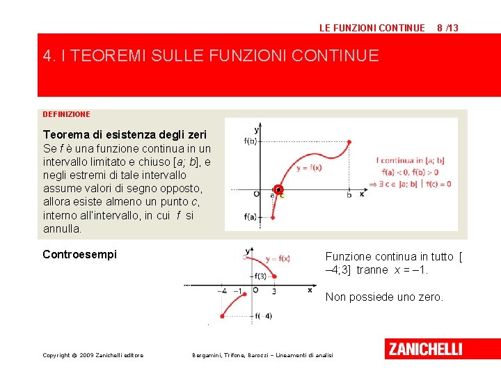 LE FUNZIONI CONTINUE 8 /13 4. I TEOREMI SULLE FUNZIONI CONTINUE DEFINIZIONE Teorema di