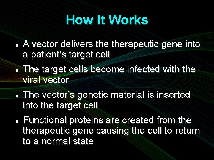 How It Works A vector delivers therapeutic gene into a patient’s target cell The
