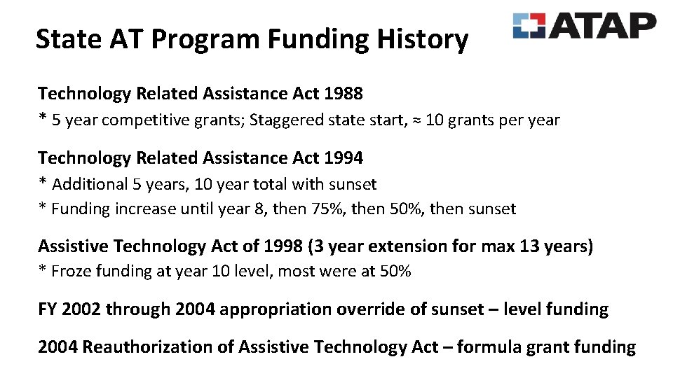 State AT Program Funding History Technology Related Assistance Act 1988 * 5 year competitive