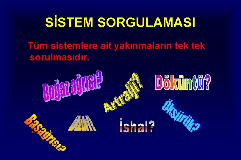 SİSTEM SORGULAMASI Tüm sistemlere ait yakınmaların tek sorulmasıdır. SİSTEM SORGULAMASI Tüm sistemlere ait yakınmaların tek sorulmasıdır.
