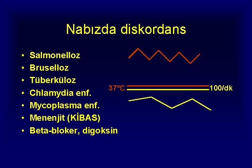 Nabızda diskordans • • Salmonelloz Bruselloz Tüberküloz 37°C Chlamydia enf. Mycoplasma enf. Menenjit (KİBAS)