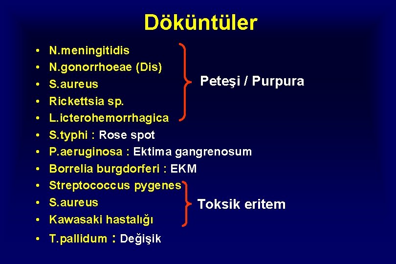 Döküntüler • • • N. meningitidis N. gonorrhoeae (Dis) Peteşi / Purpura S. aureus Döküntüler • • • N. meningitidis N. gonorrhoeae (Dis) Peteşi / Purpura S. aureus