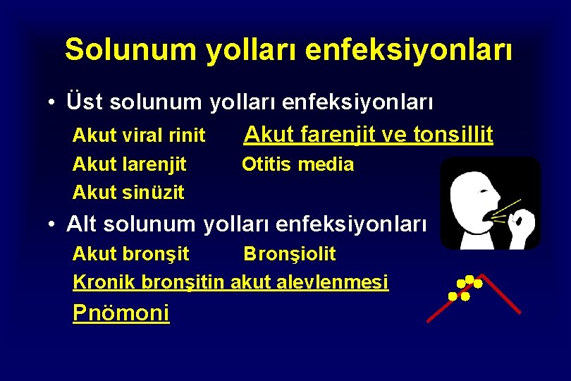 Solunum yolları enfeksiyonları • Üst solunum yolları enfeksiyonları Akut viral rinit Akut farenjit ve