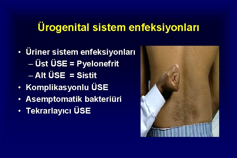 Ürogenital sistem enfeksiyonları • Üriner sistem enfeksiyonları – Üst ÜSE = Pyelonefrit – Alt