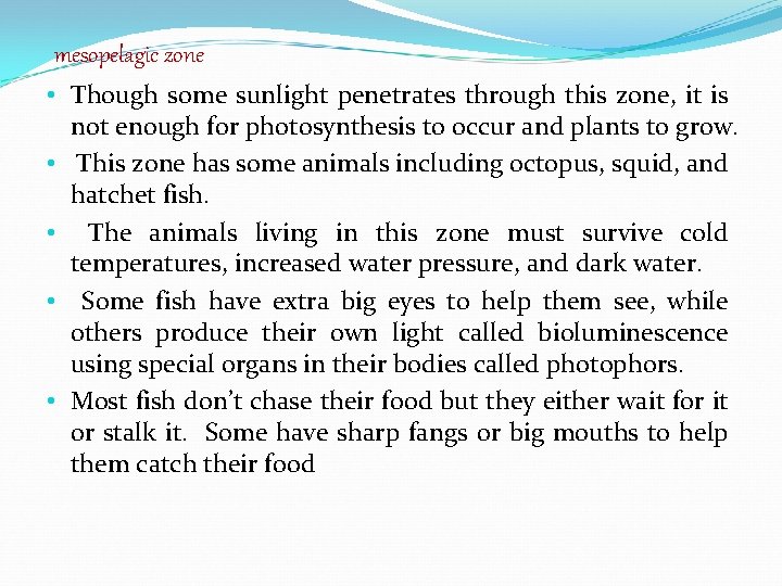 mesopelagic zone • Though some sunlight penetrates through this zone, it is not enough mesopelagic zone • Though some sunlight penetrates through this zone, it is not enough