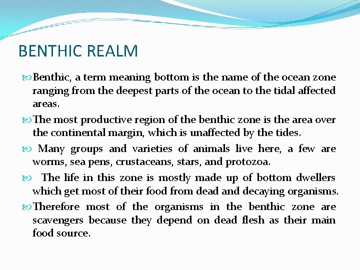 BENTHIC REALM Benthic, a term meaning bottom is the name of the ocean zone BENTHIC REALM Benthic, a term meaning bottom is the name of the ocean zone