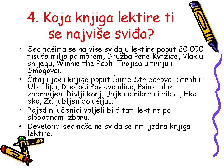 4. Koja knjiga lektire ti se najviše sviđa? • Sedmašima se najviše sviđaju lektire