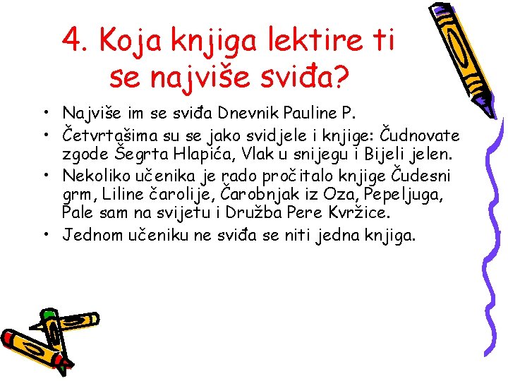 4. Koja knjiga lektire ti se najviše sviđa? • Najviše im se sviđa Dnevnik