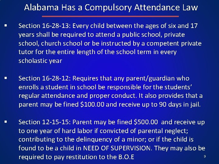 Alabama Has a Compulsory Attendance Law § Section 16 -28 -13: Every child between