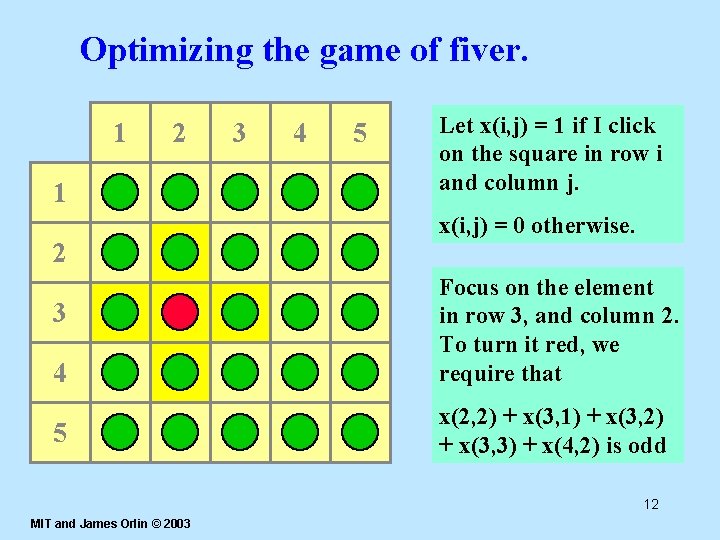 Optimizing the game of fiver. 1 2 3 4 5 Let x(i, j) =