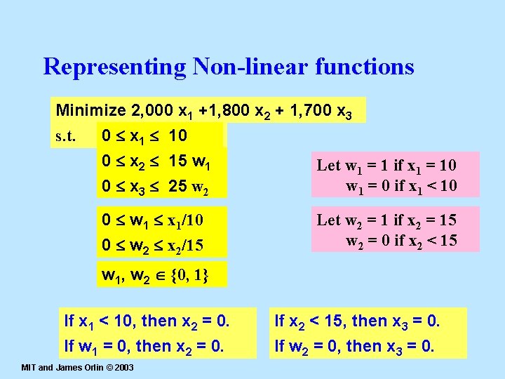 Representing Non-linear functions Minimize 2, 000 x 1 +1, 800 x 2 + 1,