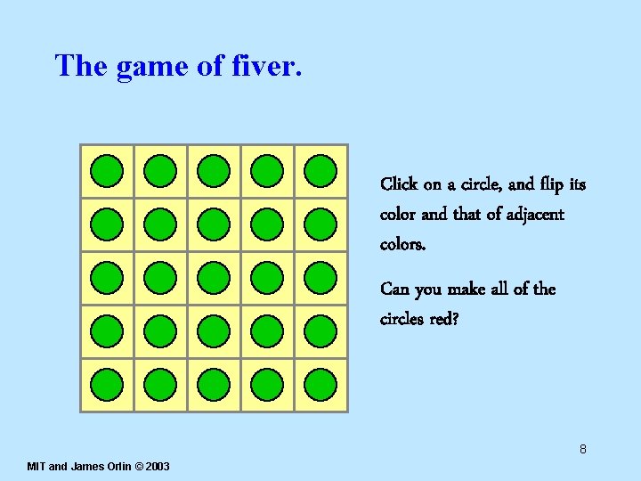The game of fiver. Click on a circle, and flip its color and that