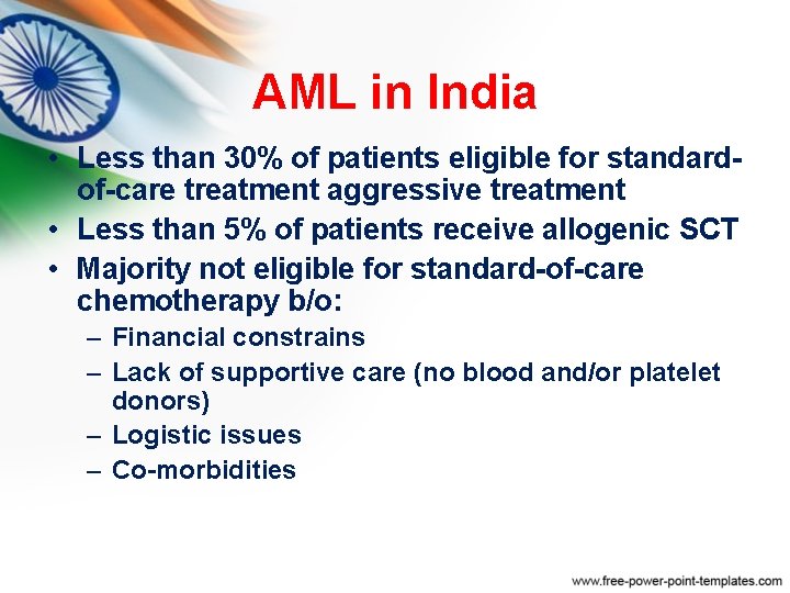 AML in India • Less than 30% of patients eligible for standardof-care treatment aggressive AML in India • Less than 30% of patients eligible for standardof-care treatment aggressive