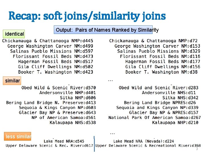 Recap: soft joins/similarity joins identical similar less similar Output: Pairs of Names Ranked by