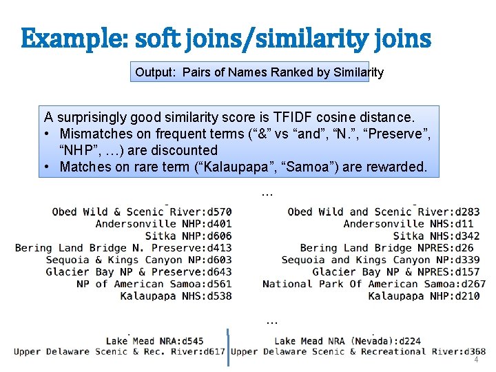 Example: soft joins/similarity joins Output: Pairs of Names Ranked by Similarity A surprisingly good