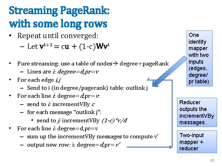 Streaming Page. Rank: with some long rows • Repeat until converged: – Let vt+1