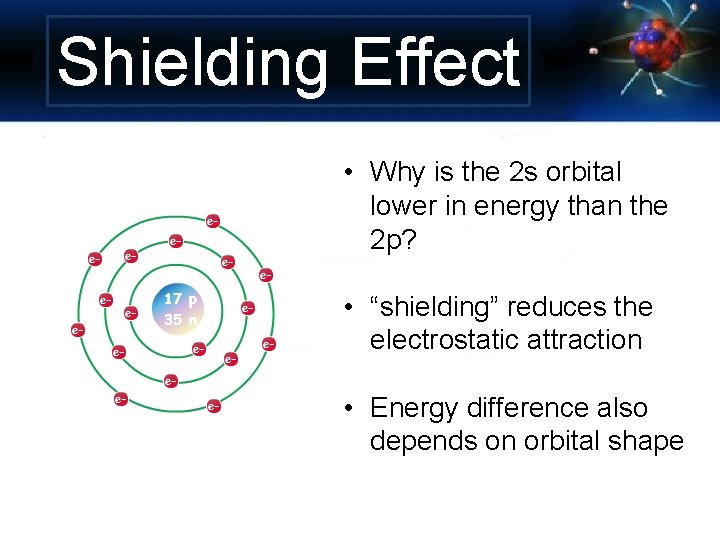 Shielding Effect • Why is the 2 s orbital lower in energy than the