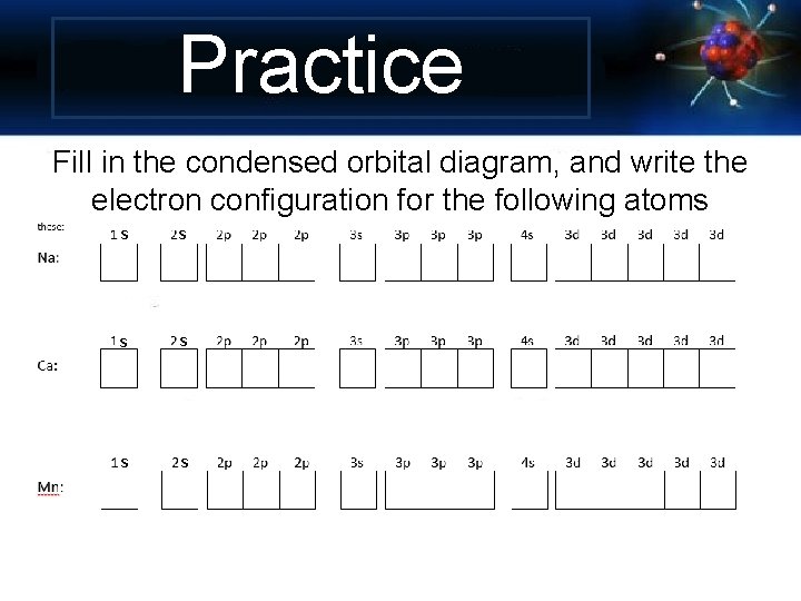 Practice Fill in the condensed orbital diagram, and write the electron configuration for the