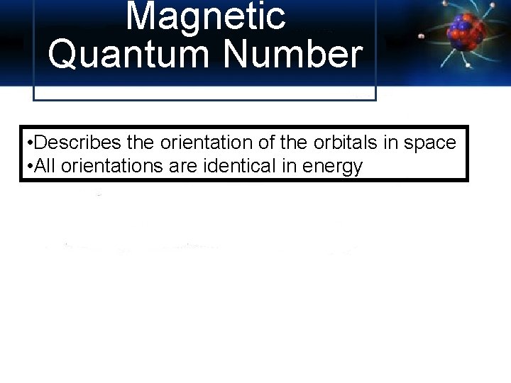 Magnetic Quantum Number • Describes the orientation of the orbitals in space • All