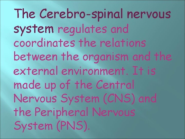The Cerebro-spinal nervous system regulates and coordinates the relations between the organism and the