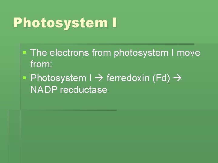 Photosystem I § The electrons from photosystem I move from: § Photosystem I ferredoxin