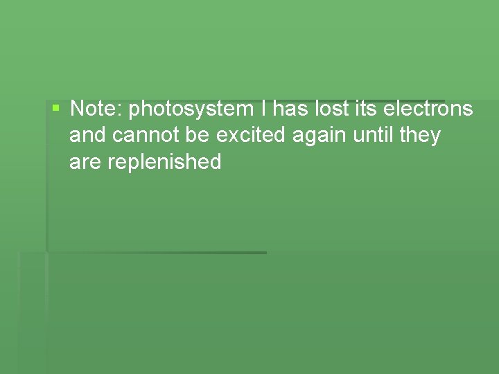 § Note: photosystem I has lost its electrons and cannot be excited again until