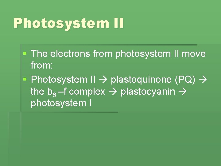 Photosystem II § The electrons from photosystem II move from: § Photosystem II plastoquinone