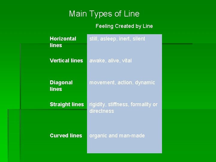 Main Types of Line Feeling Created by Line Horizontal lines still, asleep, inert, silent
