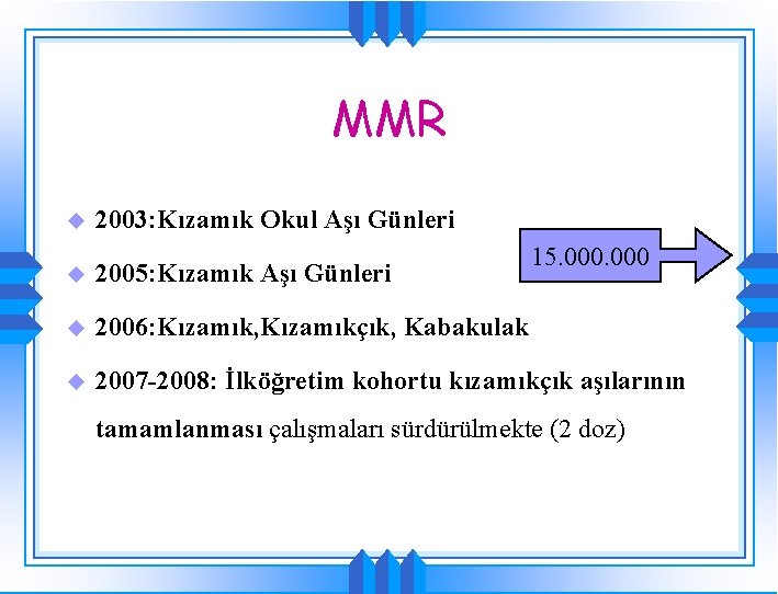 MMR u 2003: Kızamık Okul Aşı Günleri 15. 000 u 2005: Kızamık Aşı Günleri