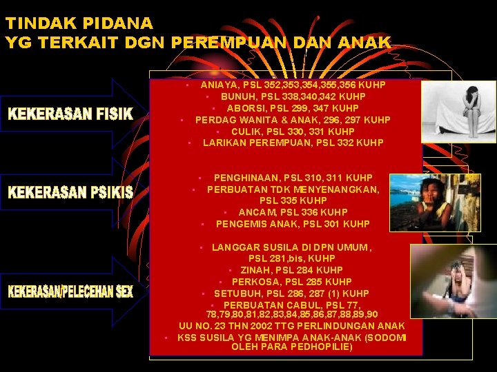 TINDAK PIDANA YG TERKAIT DGN PEREMPUAN DAN ANAK • ANIAYA, PSL 352, 353, 354, TINDAK PIDANA YG TERKAIT DGN PEREMPUAN DAN ANAK • ANIAYA, PSL 352, 353, 354,