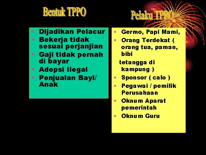 • Dijadikan Pelacur • Bekerja tidak sesuai perjanjian • Gaji tidak pernah di • Dijadikan Pelacur • Bekerja tidak sesuai perjanjian • Gaji tidak pernah di