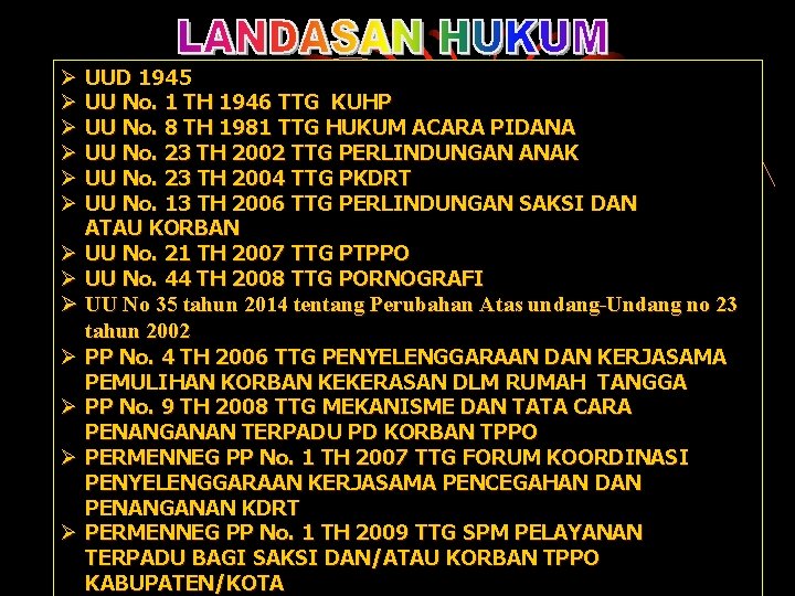 UUD 1945 UU No. 1 TH 1946 TTG KUHP UU No. 8 TH 1981 UUD 1945 UU No. 1 TH 1946 TTG KUHP UU No. 8 TH 1981
