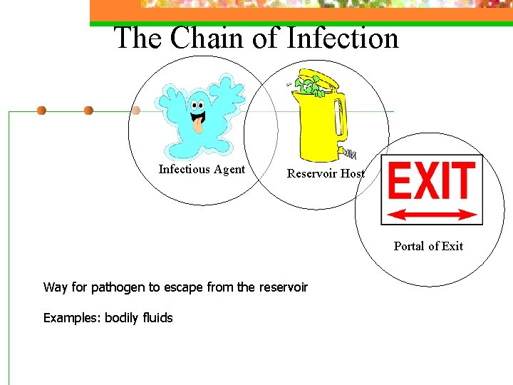 The Chain of Infection Infectious Agent Reservoir Host Portal of Exit Way for pathogen