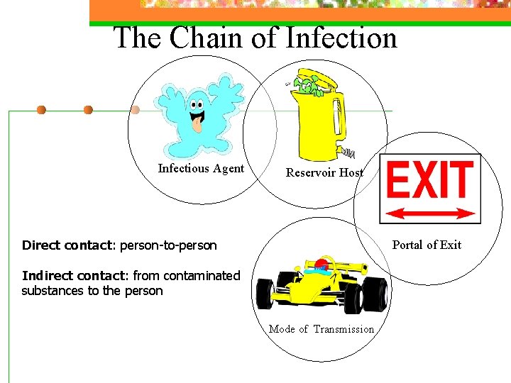 The Chain of Infection Infectious Agent Reservoir Host Direct contact: person-to-person Portal of Exit